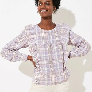 LOFT Lavender Frost Plaid Ruffle Long Sleeve Prairie Top Small